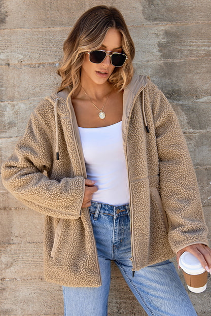 Hooded Sherpa Jacket with Zip Closure