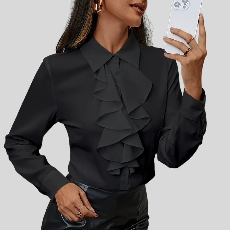 Ruffled Button-Down Long-Sleeve Blouse