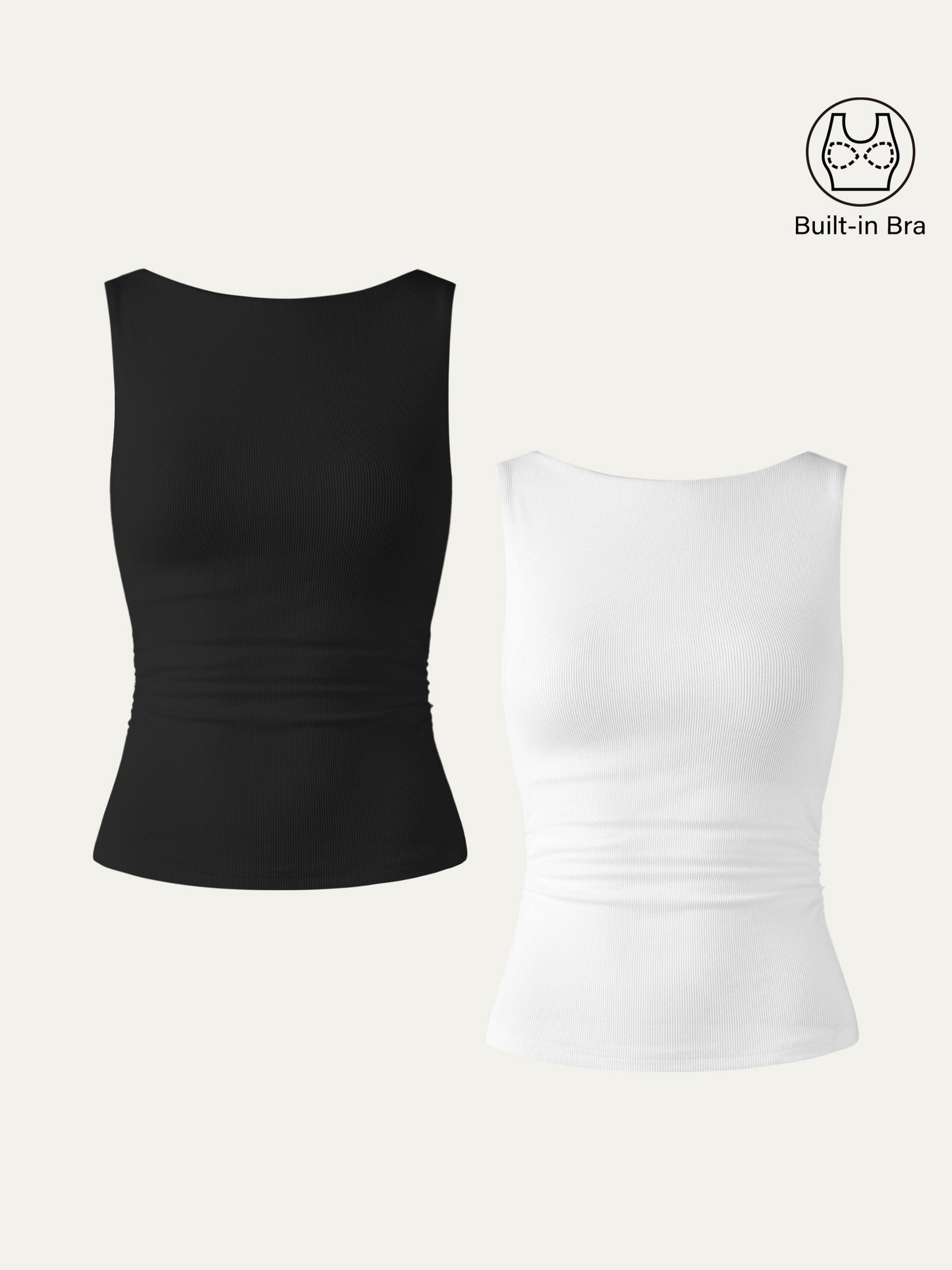 Boat Neck Ribbed Fitted Tank Top with Built-in Bra