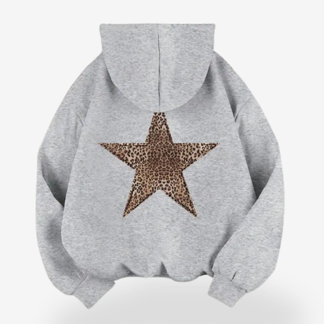 Drawstring Hooded Sweatshirt with Kangaroo Pocket and Leopard Print Star