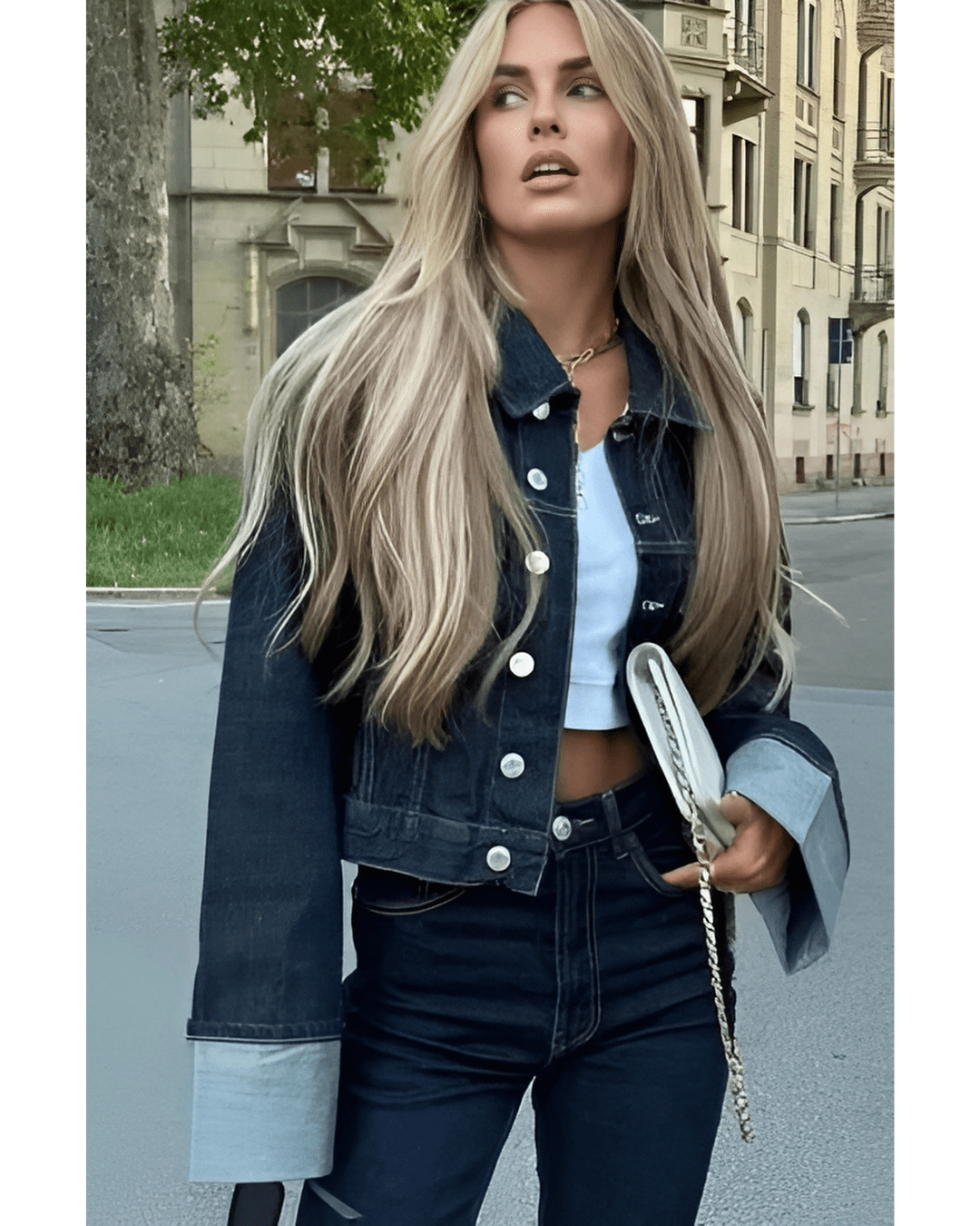 Cropped Denim Jacket and Wide-Leg Denim Trousers Set with Oversized Cuffs and Button Closure