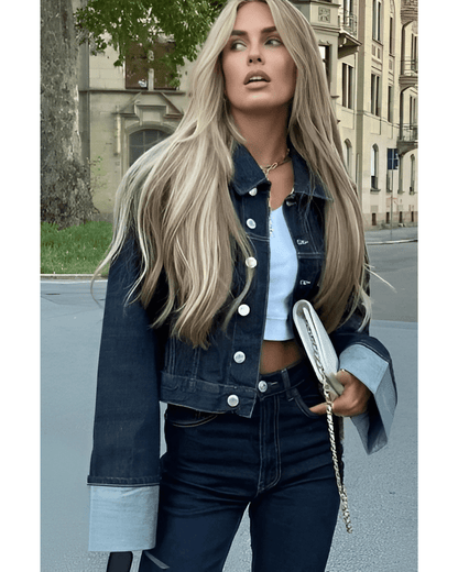 Cropped Denim Jacket and Wide-Leg Denim Trousers Set with Oversized Cuffs and Button Closure