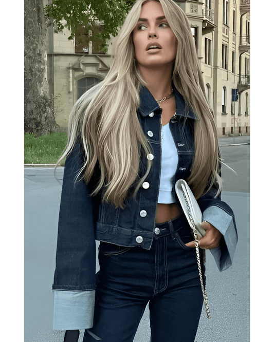 Cropped Denim Jacket and Wide-Leg Denim Trousers Set with Oversized Cuffs and Button Closure