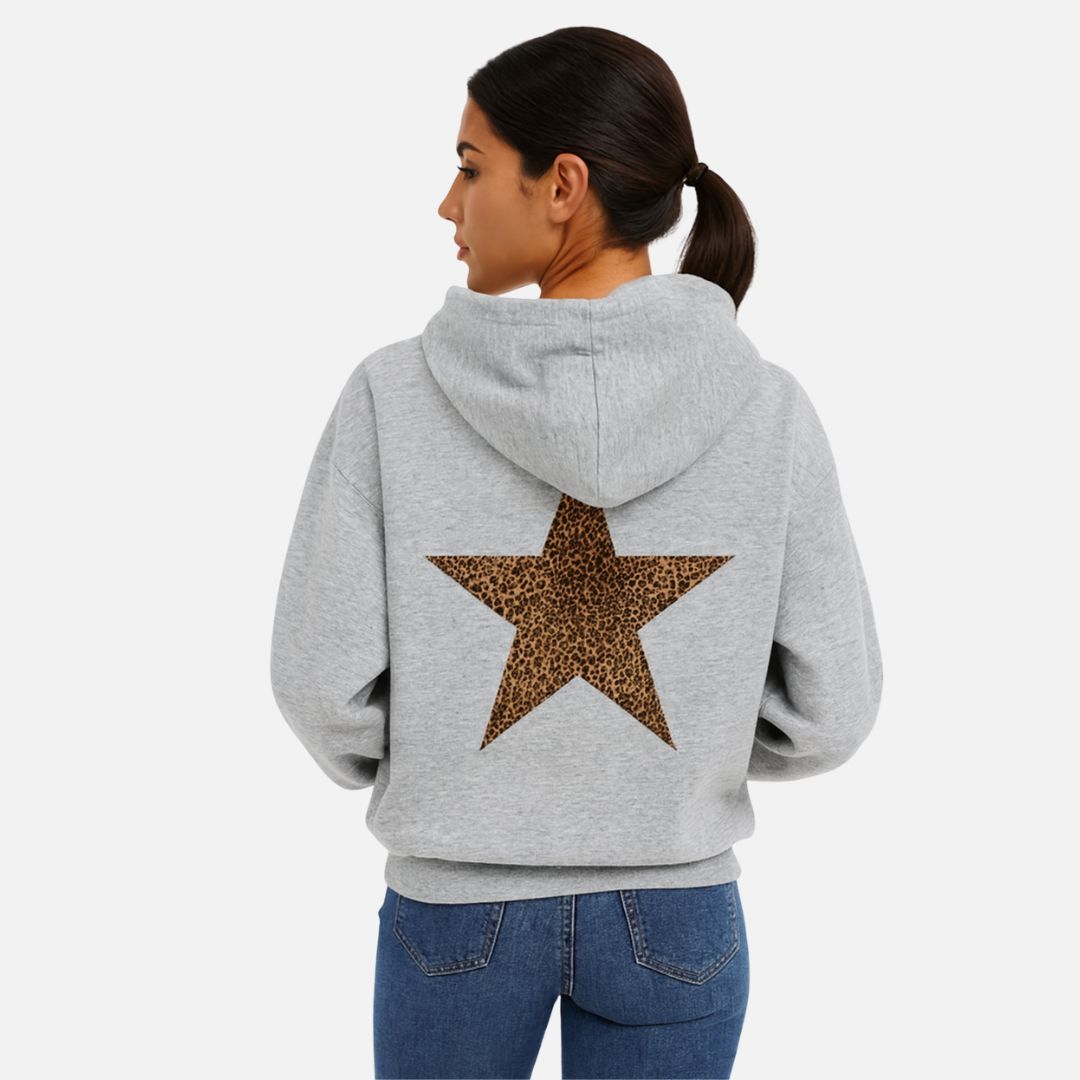 Drawstring Hooded Sweatshirt with Kangaroo Pocket and Leopard Print Star