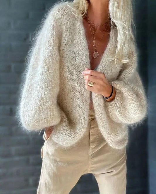 Fuzzy Knit Cardigan with V-Neckline and Balloon Sleeves