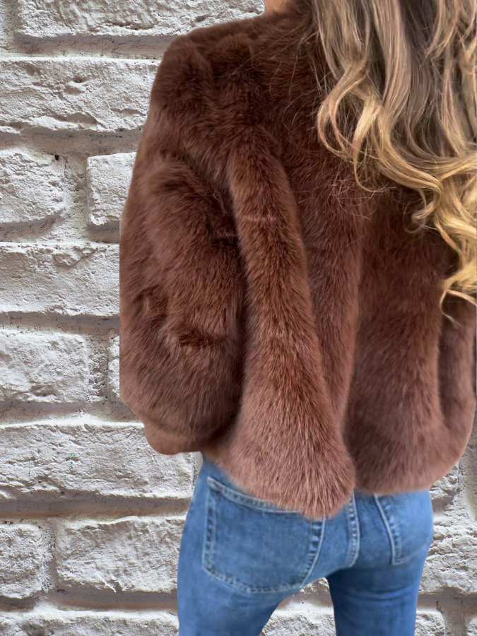 Faux Fur Jacket with High Collar and Zip Closure