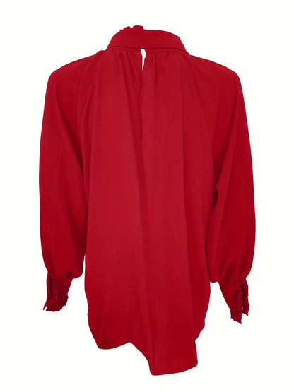 Tie-Neck Blouse with Ruffled Collar and Long Bishop Sleeves