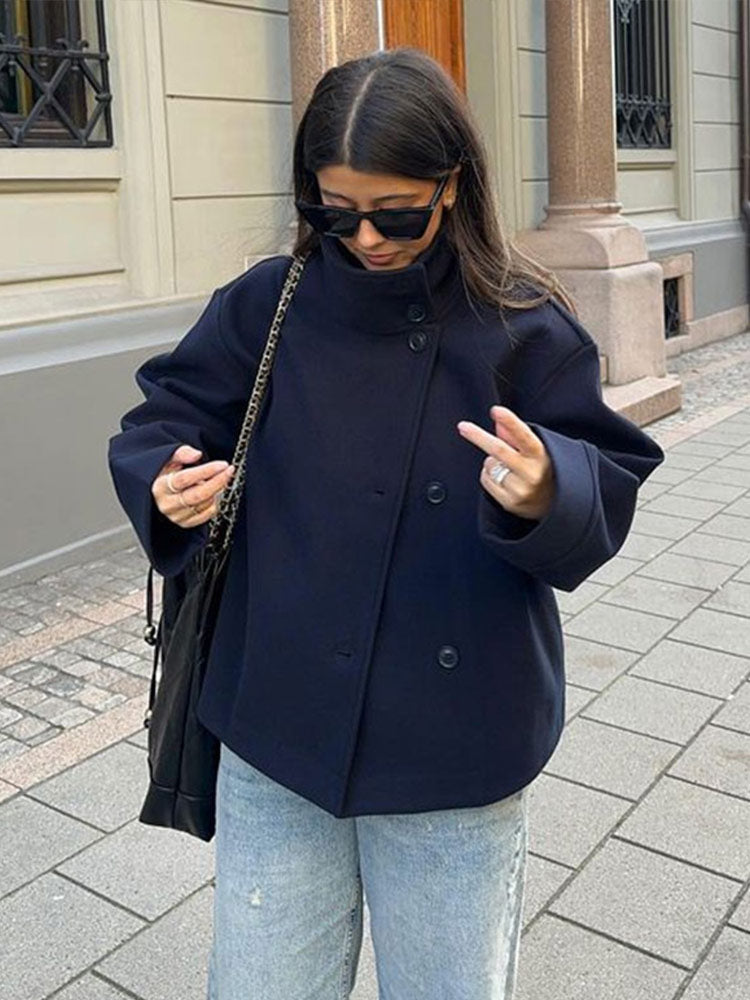 Cropped Boxy Jacket with Stand Collar and Asymmetric Button Closure