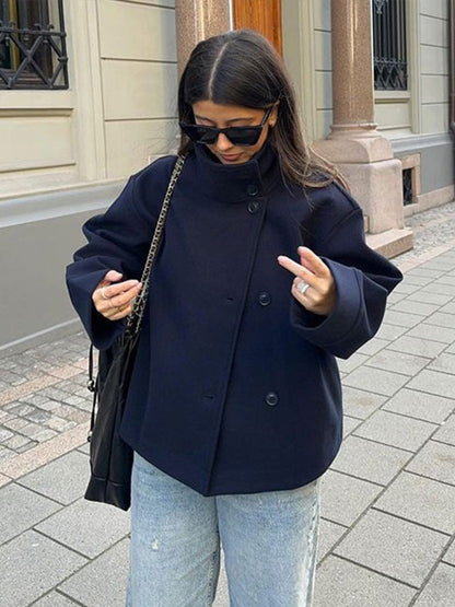 Cropped Boxy Jacket with Stand Collar and Asymmetric Button Closure