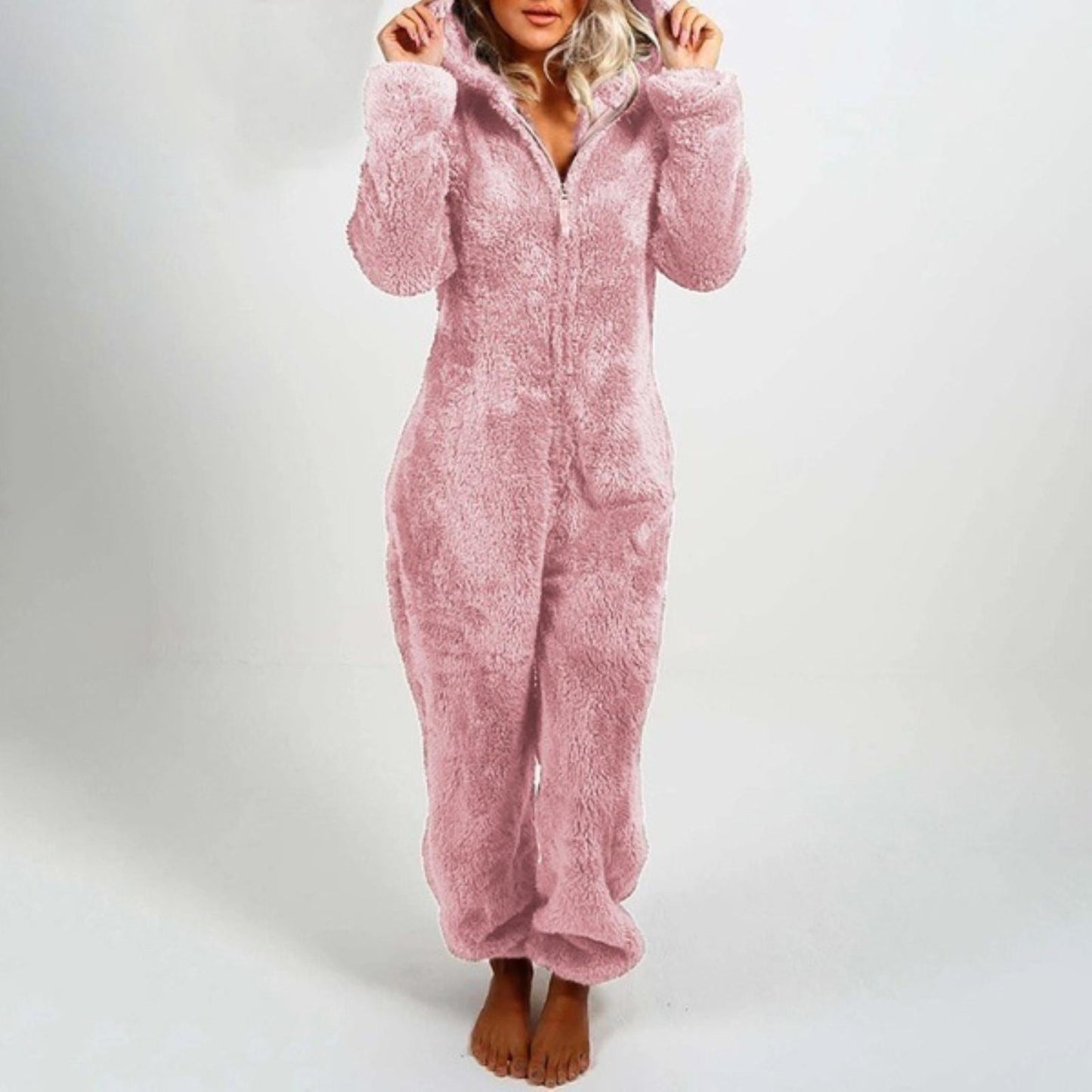 Fleece Hooded Pyajama with Long Sleeves and Zip Closure
