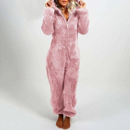 Fleece Hooded Pyajama with Long Sleeves and Zip Closure