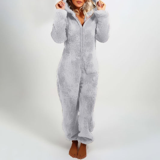 Fleece Hooded Pyajama with Long Sleeves and Zip Closure