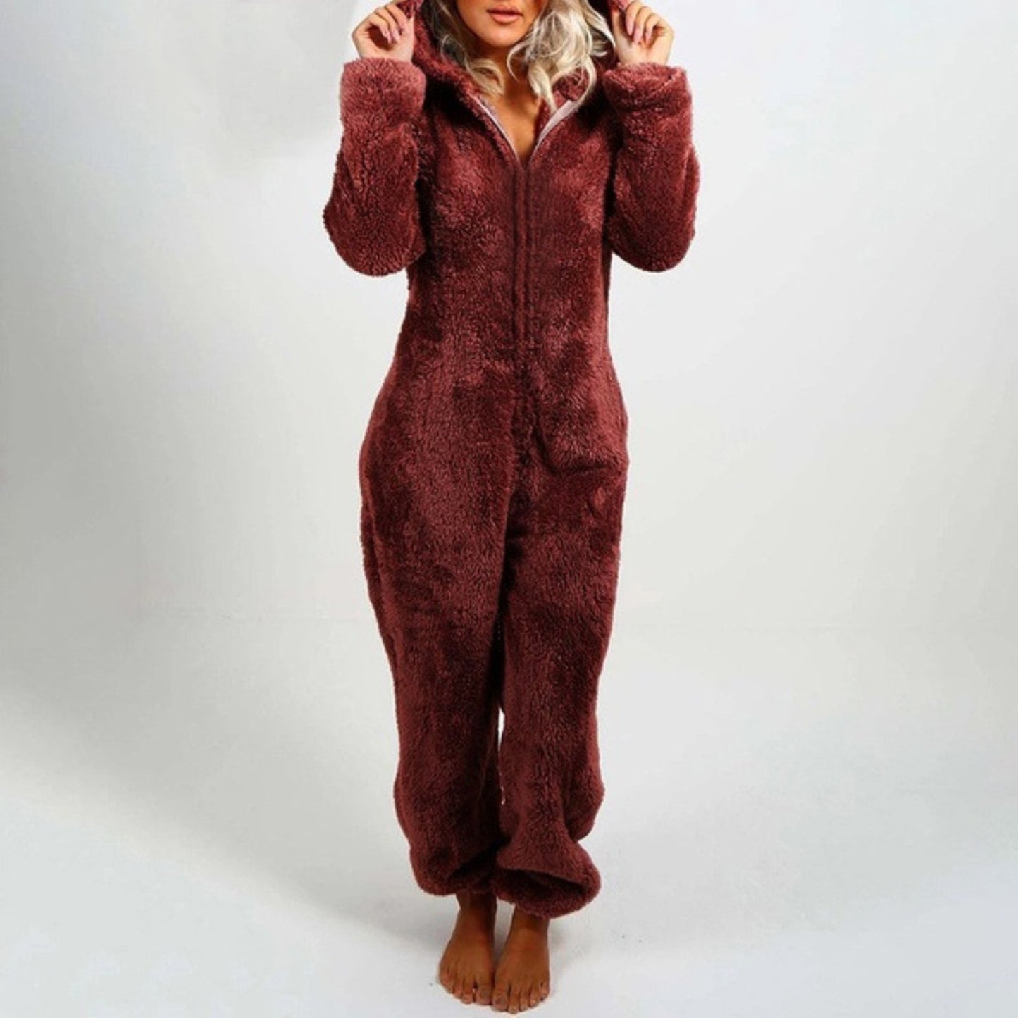 Fleece Hooded Pyajama with Long Sleeves and Zip Closure