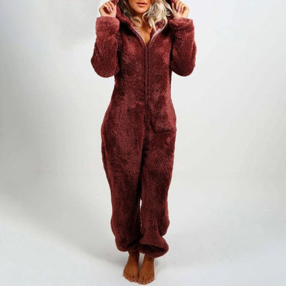 Fleece Hooded Pyajama with Long Sleeves and Zip Closure