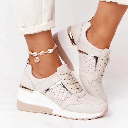 Wedge Platform Sneakers with Lace-Up Closure and Metallic Accents