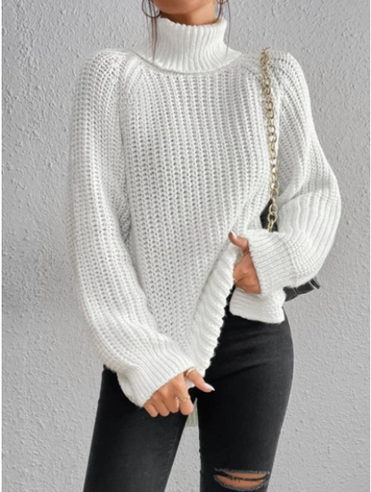 Long-Sleeve Pullover Sweater with Turtleneck and Side Slits