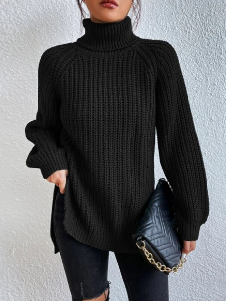 Long-Sleeve Pullover Sweater with Turtleneck and Side Slits