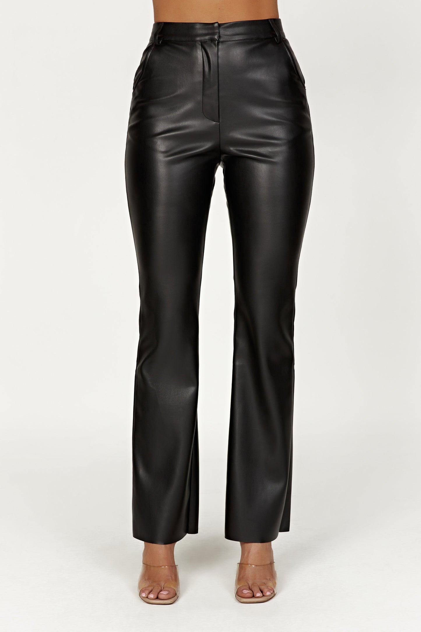 High-Waisted Faux Leather Trousers with Flared Leg
