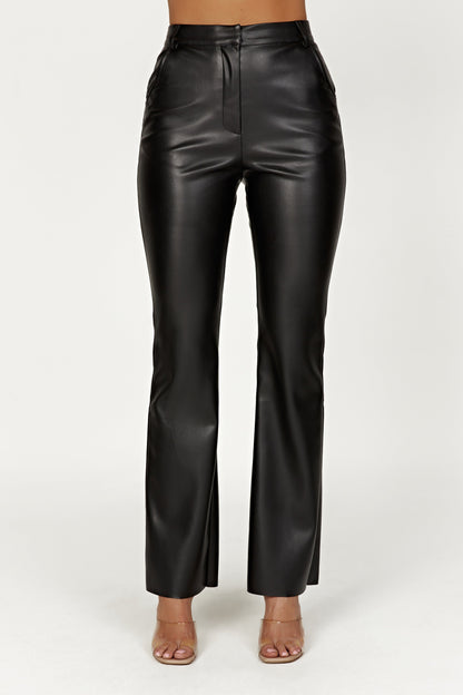 High-Waisted Faux Leather Trousers with Flared Leg