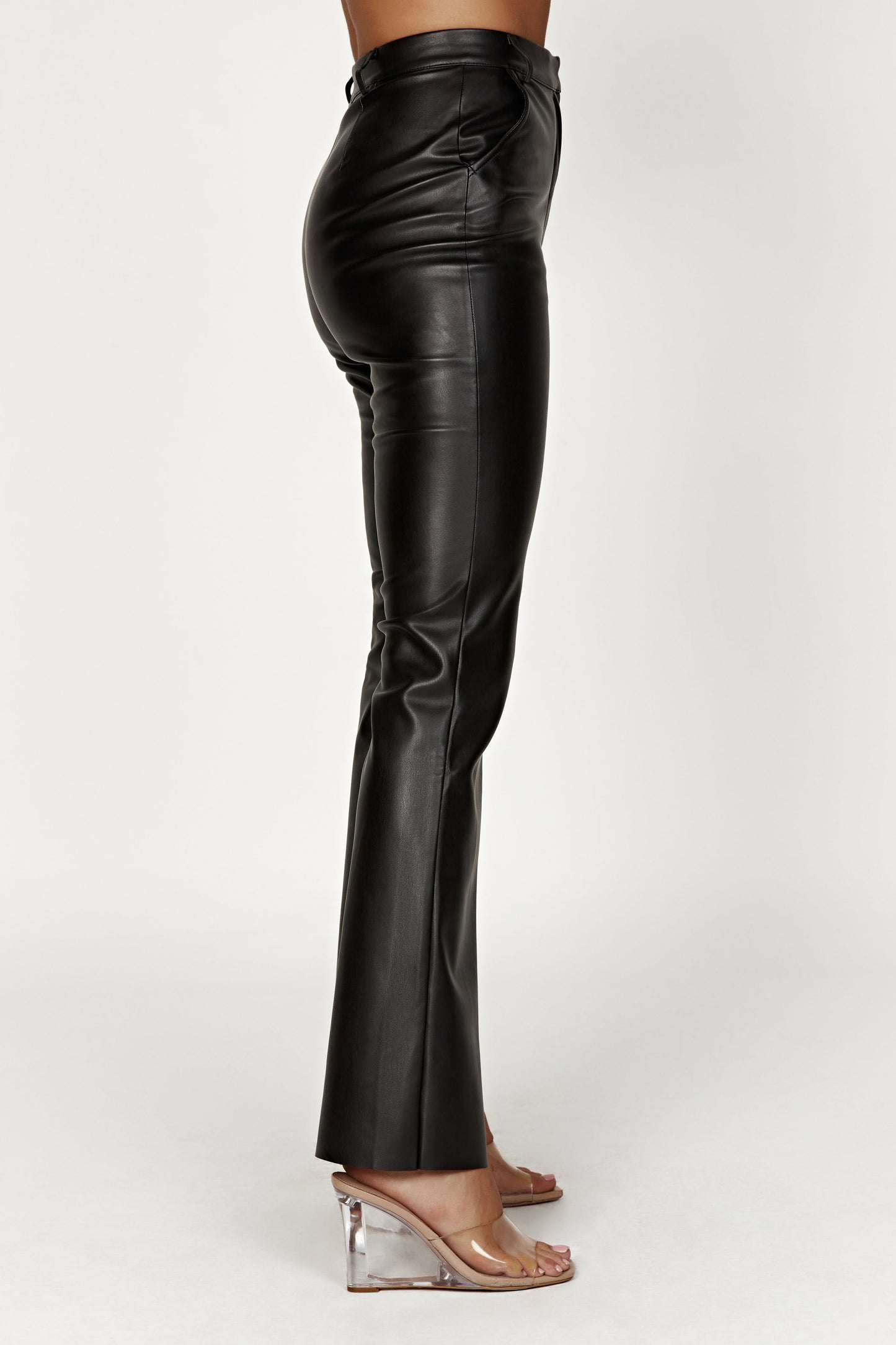 High-Waisted Faux Leather Trousers with Flared Leg