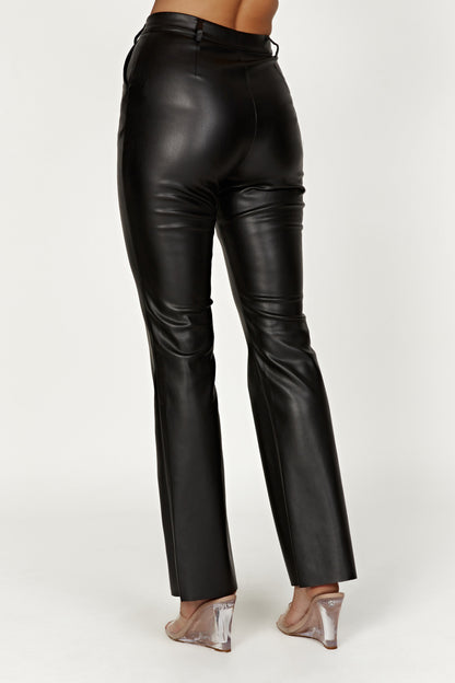 High-Waisted Faux Leather Trousers with Flared Leg
