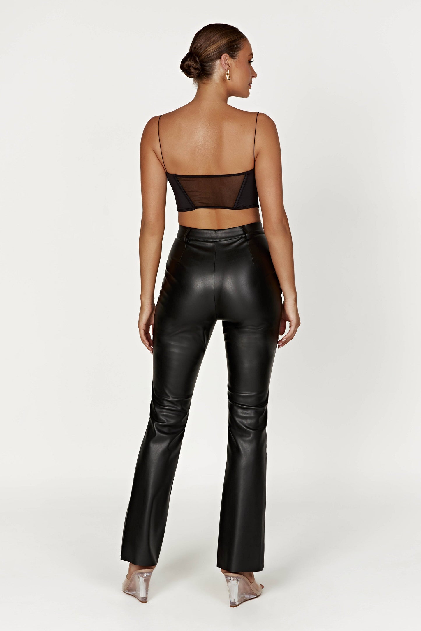 High-Waisted Faux Leather Trousers with Flared Leg