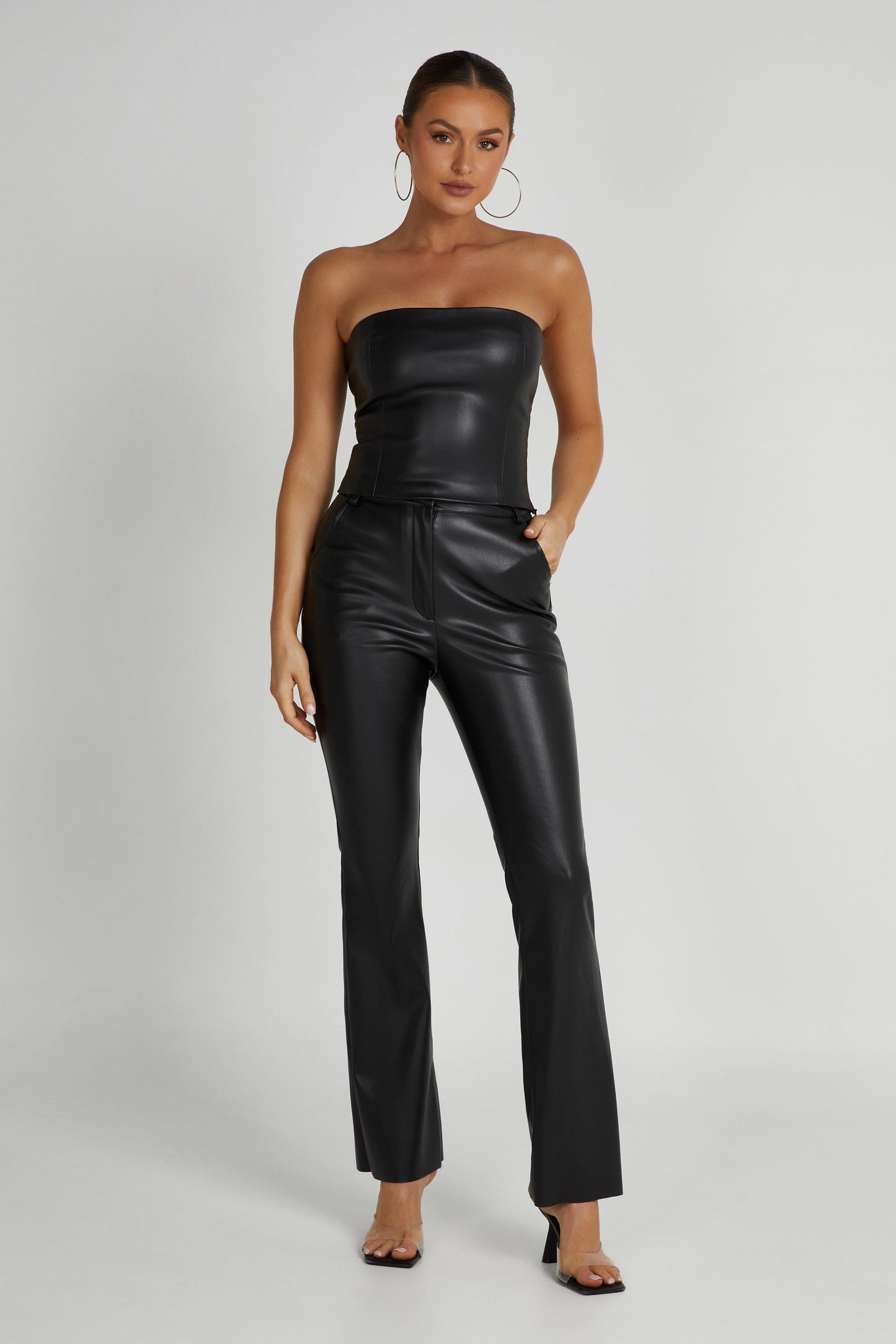 High-Waisted Faux Leather Trousers with Flared Leg