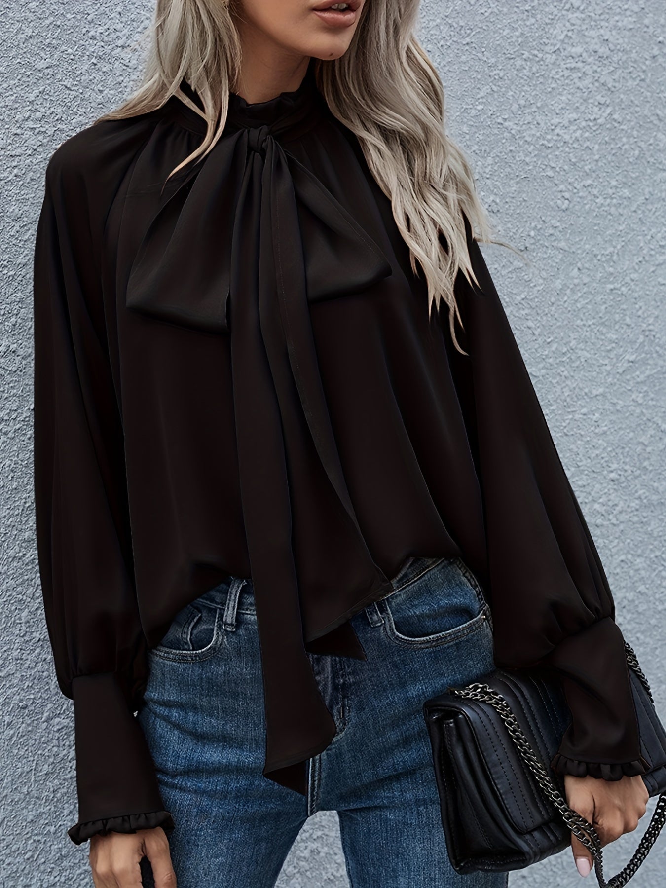 Tie-Neck Blouse with Ruffled Collar and Long Bishop Sleeves