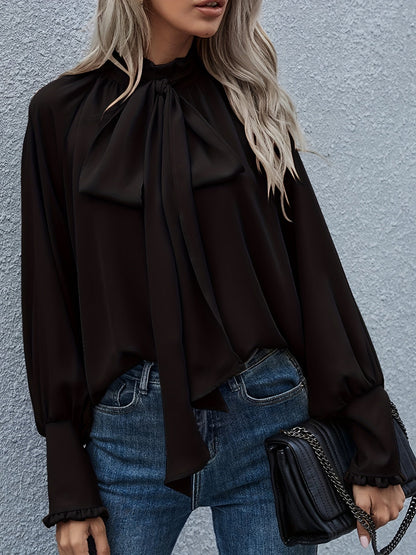 Tie-Neck Blouse with Ruffled Collar and Long Bishop Sleeves