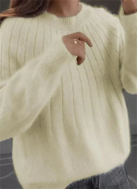 Ribbed Knit Sweater with Crew Neckline Long Sleeves