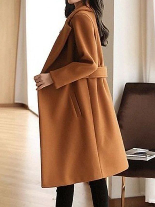 Notched Lapel Long Sleeve Midi Coat with Double Button Closure and Tie Waist