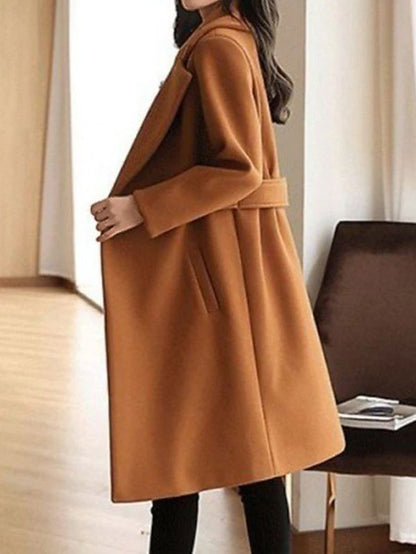Notched Lapel Long Sleeve Midi Coat with Double Button Closure and Tie Waist