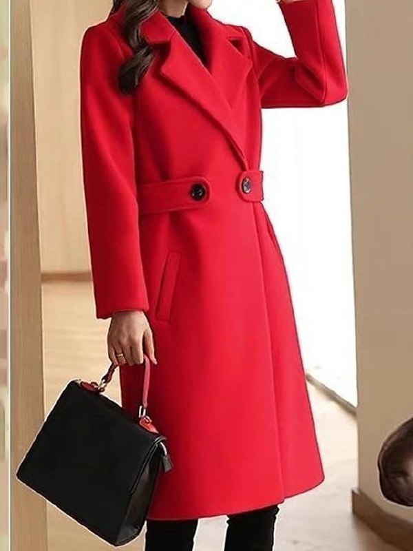 Notched Lapel Long Sleeve Midi Coat with Double Button Closure and Tie Waist
