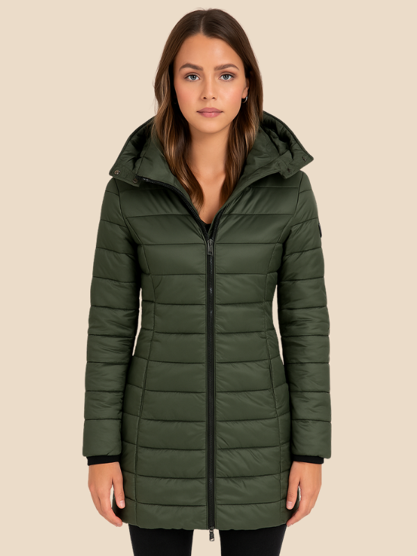 Mid-Length Hooded Puffer Jacket with Fitted Silhouette and Zip Closure