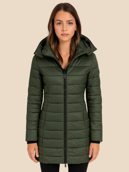 Mid-Length Hooded Puffer Jacket with Fitted Silhouette and Zip Closure
