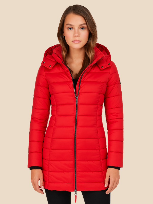 Mid-Length Hooded Puffer Jacket with Fitted Silhouette and Zip Closure