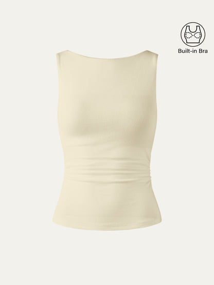 Boat Neck Ribbed Fitted Tank Top with Built-in Bra