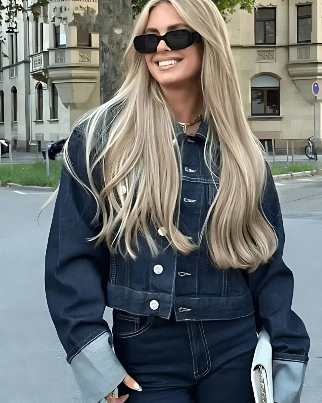 Cropped Denim Jacket and Wide-Leg Denim Trousers Set with Oversized Cuffs and Button Closure