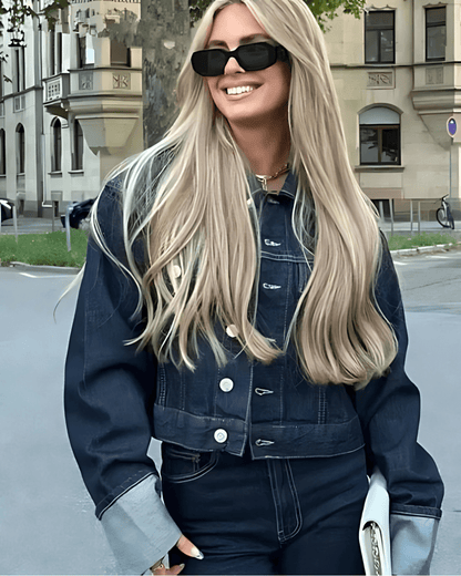 Cropped Denim Jacket and Wide-Leg Denim Trousers Set with Oversized Cuffs and Button Closure