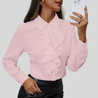 Ruffled Button-Down Long-Sleeve Blouse