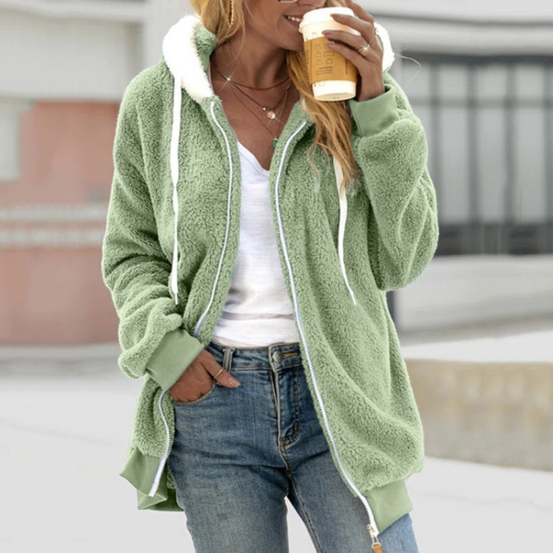 Fleece Sherpa Hoodie Jacket with Ribbed Cuffs and Hem
