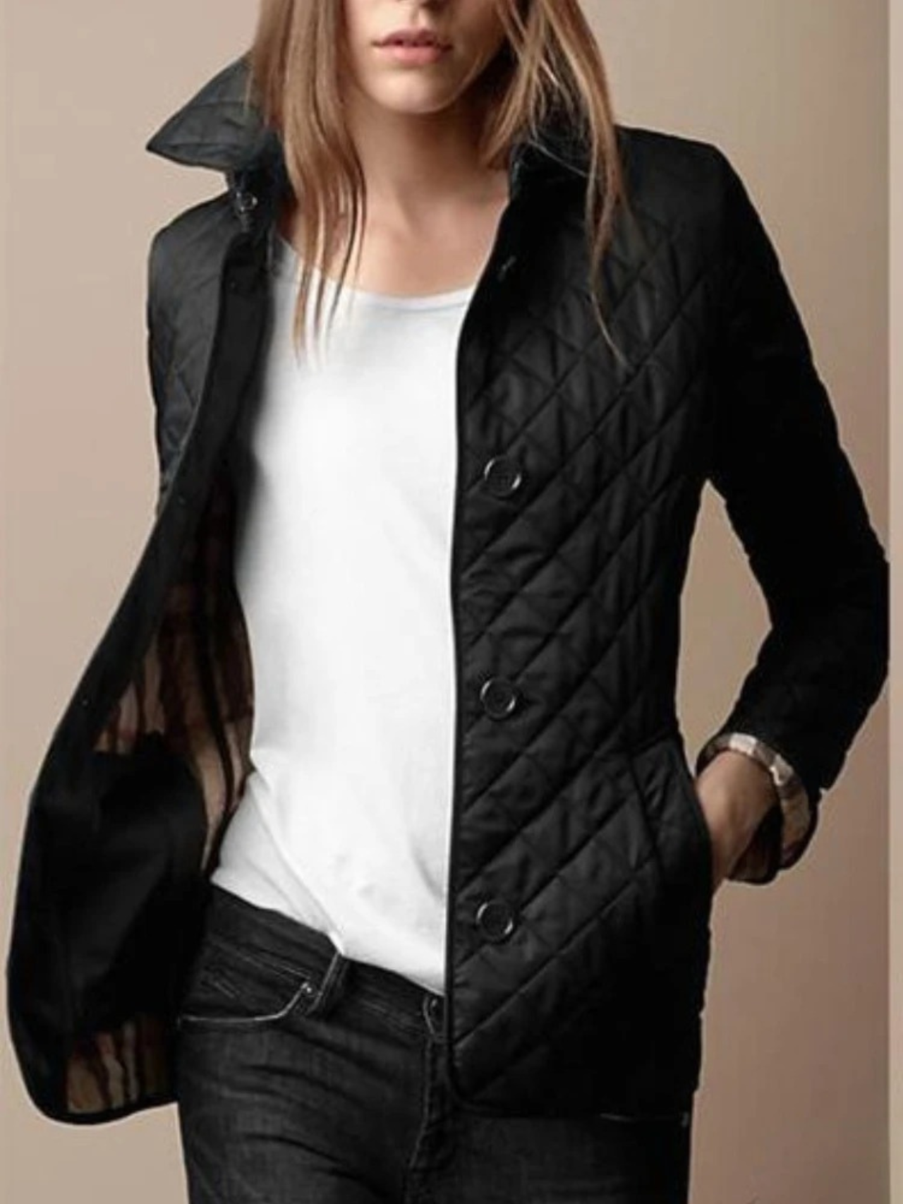 Diamond Quilted Jacket with Point Collar and Button Closure