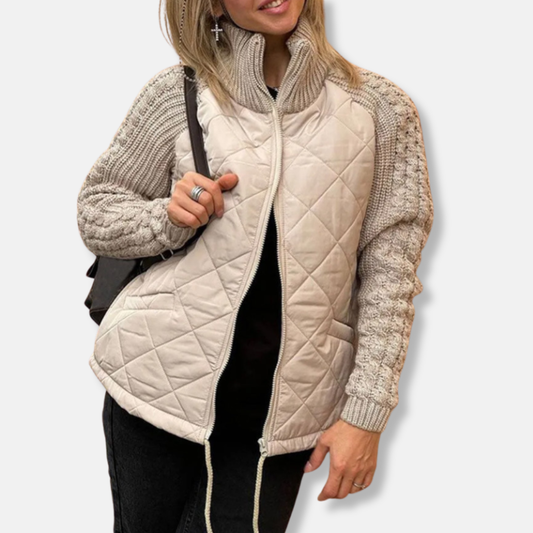 Quilted Jacket with Knit Sleeves and High Neck