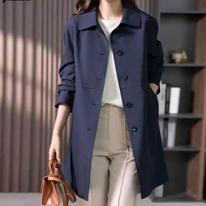 Single-Breasted Mid-Length Trench Coat with Button Closure