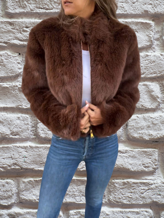 Faux Fur Jacket with High Collar and Zip Closure