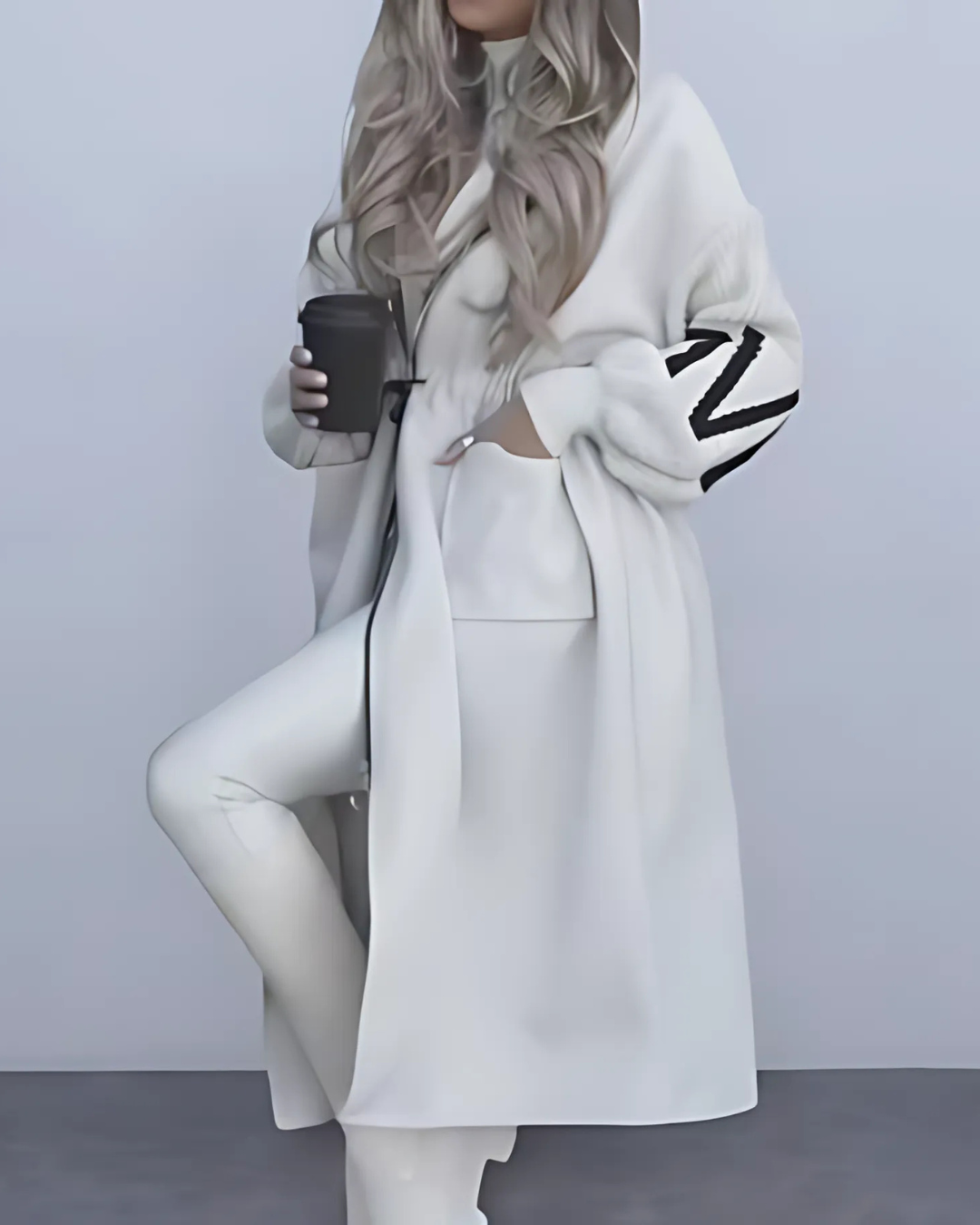 Hooded Maxi Coat with Knitted Sleeves and Drawstring Waist