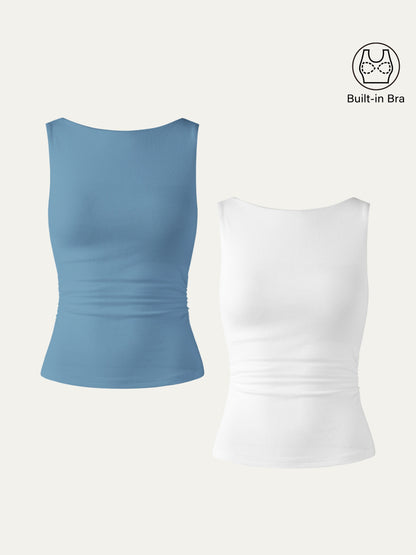 Boat Neck Ribbed Fitted Tank Top with Built-in Bra