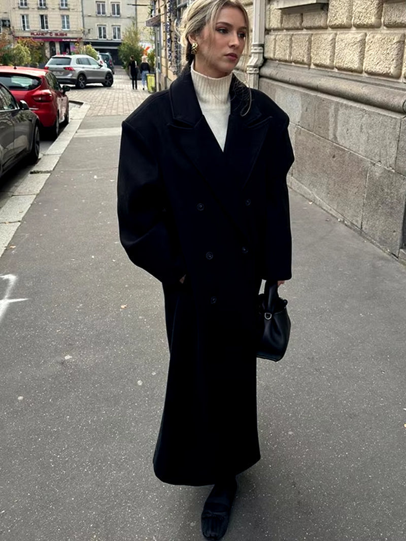 Double-Breasted Long Coat with Notched Lapels and Front Button Closure