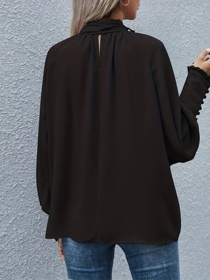 Tie-Neck Blouse with Ruffled Collar and Long Bishop Sleeves