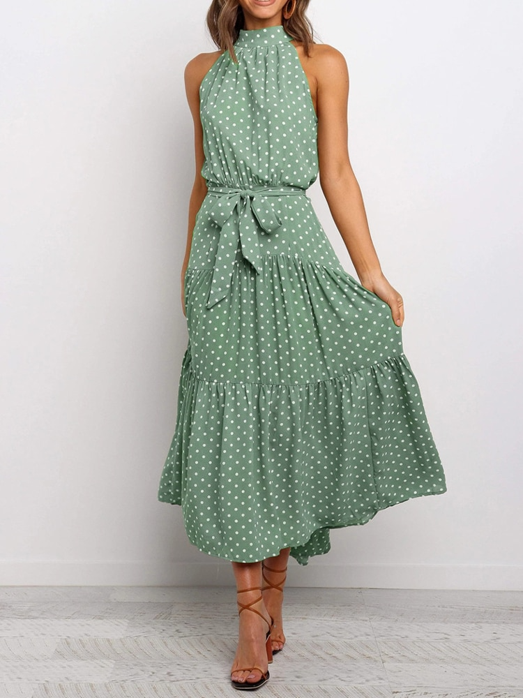 Tiered Midi Dress with Halter Neckline and Self-Tie Waist